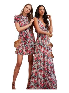 ML MONIQUE LHUILLIER  Smocked Floral Chiffon Maxi Dress In Vermilion Size 6